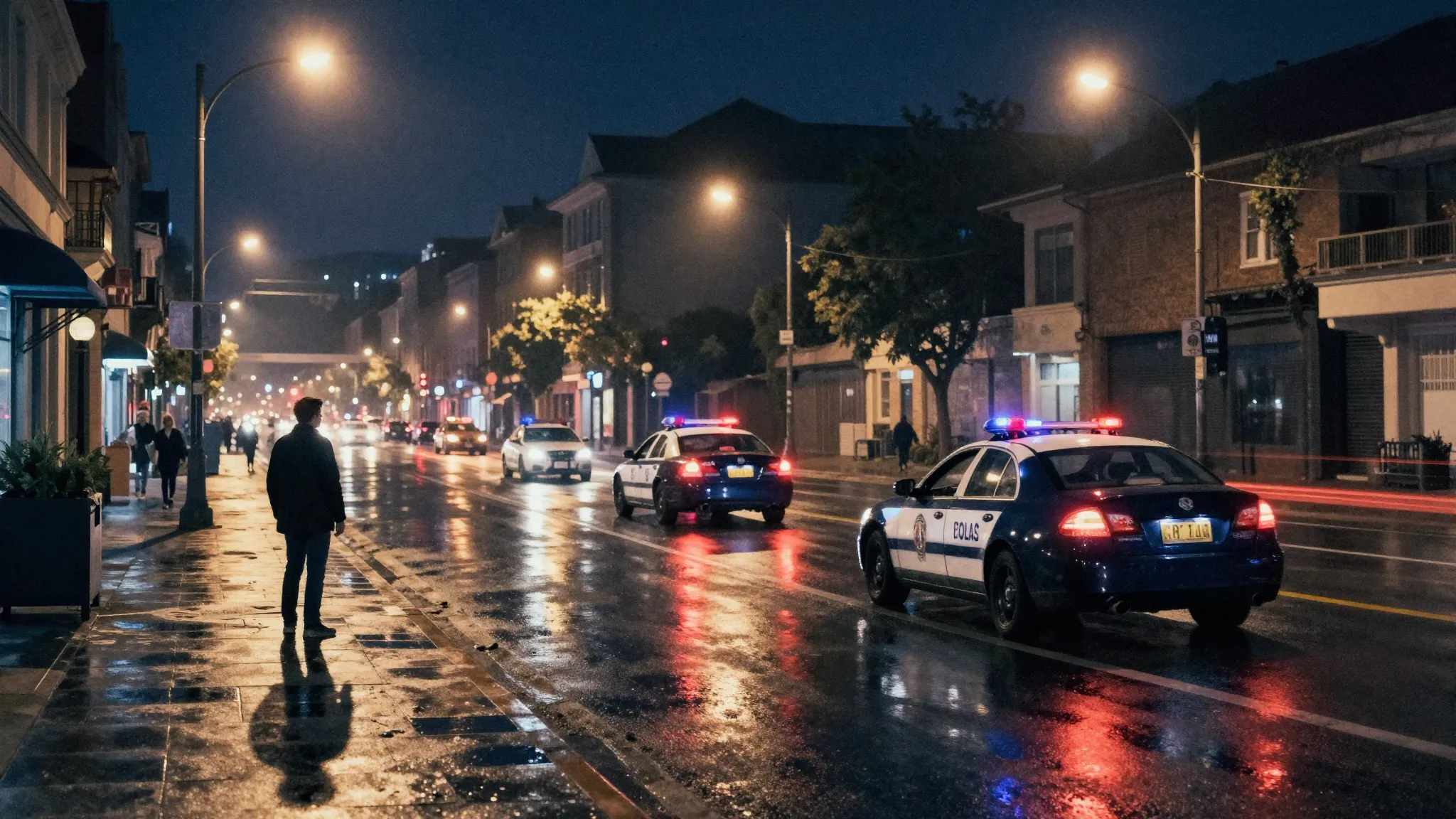 Watercolor style. Night city street, glowing streetlights, d...