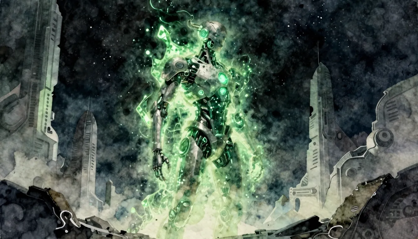 Vibrant watercolor style. Cybernetic silhouette of an ancien...