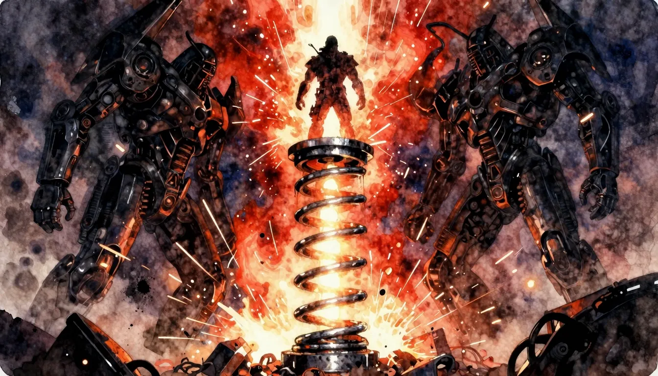 Vibrant watercolor style. Heavy metal album cover, a massive...