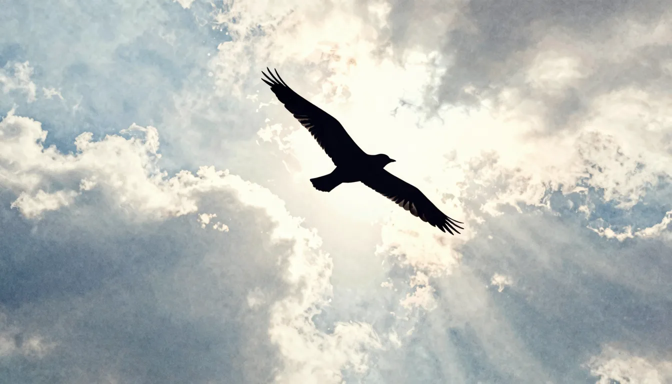 Watercolor style. A lone silhouette of a bird flying high in...