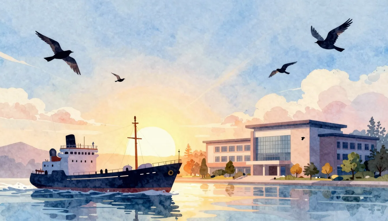 Watercolor style. A bright spring morning with birds flying ...