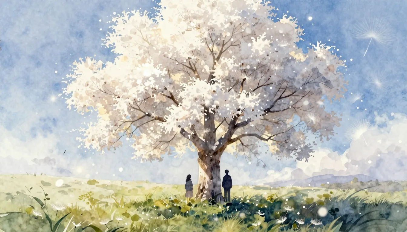 Watercolor style. A glowing white poplar tree shedding fluff...