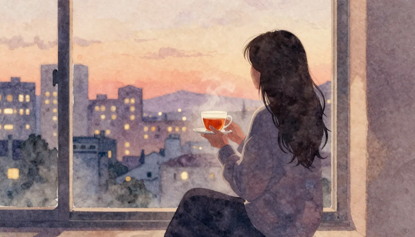 Watercolor style. A silhouette of a woman sitting by a windo...