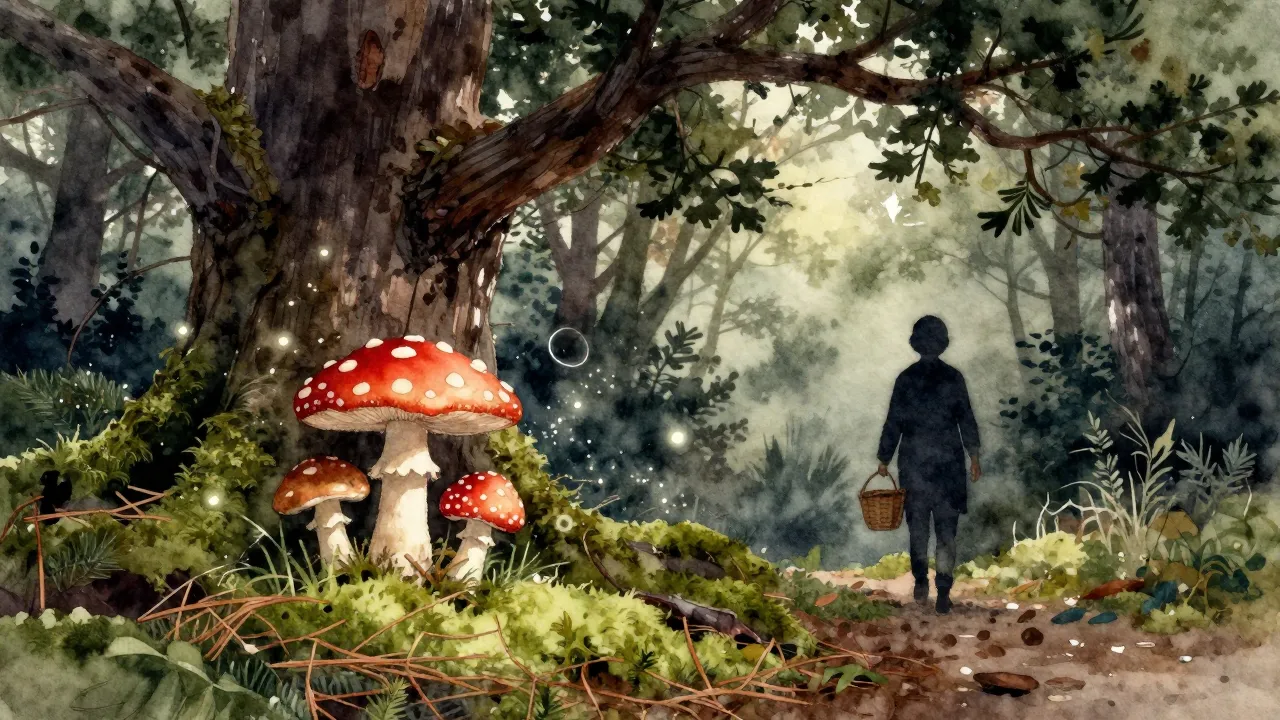 Watercolor style. A dark forest clearing under an old oak tr...