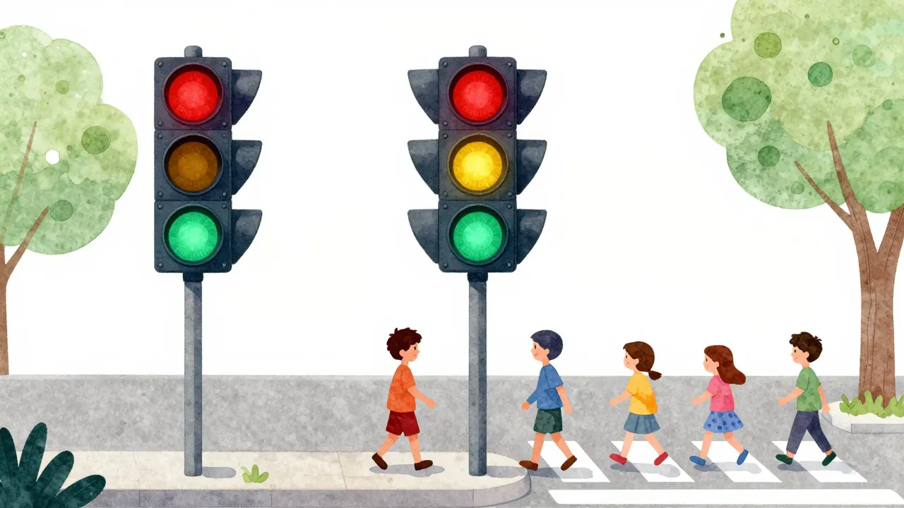 Watercolor style. A bright traffic light at a pedestrian cro...