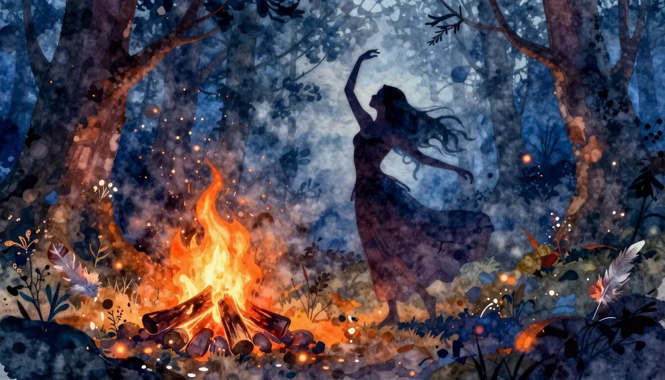 Vibrant watercolor style. A mystical silhouette of a woman d...