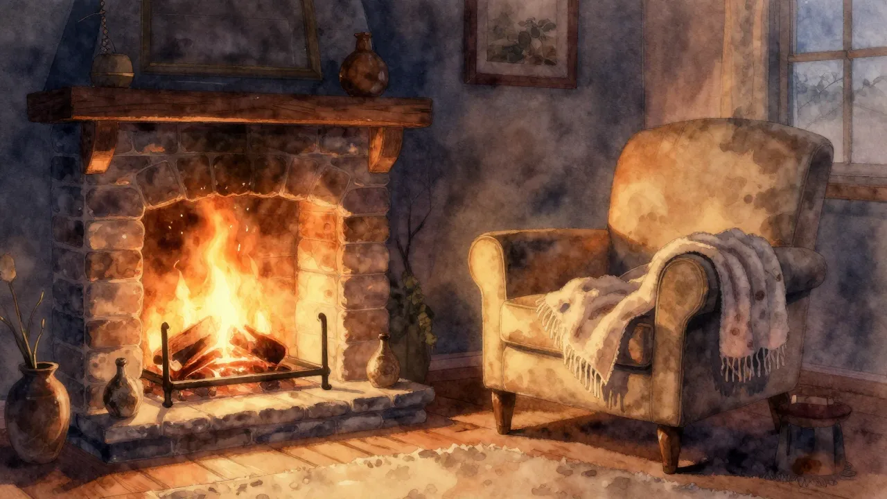 Watercolor style. A cozy, glowing hearth in a dimly lit room...