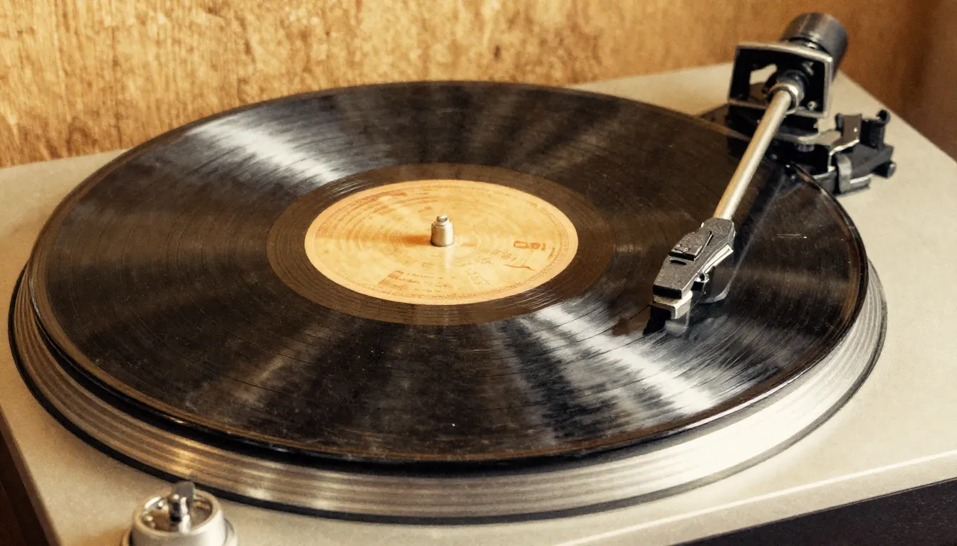 Watercolor style. Close-up of a dusty black vinyl record spi...