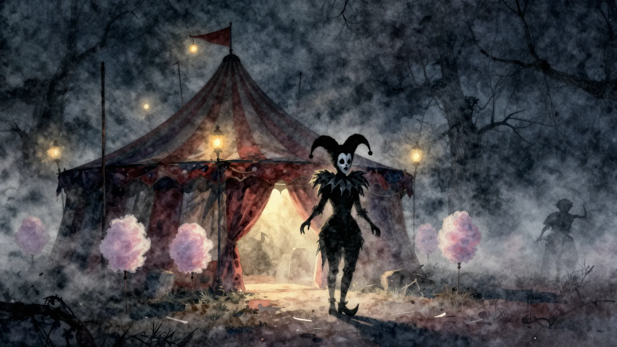 Watercolor style. Dark creepy old circus tent at night, glow...