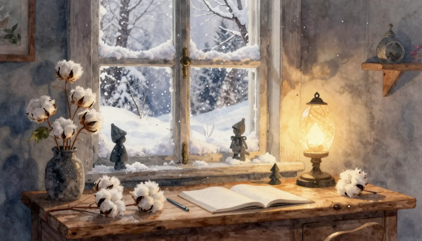 Watercolor style. Cozy winter workshop interior, snowy windo...