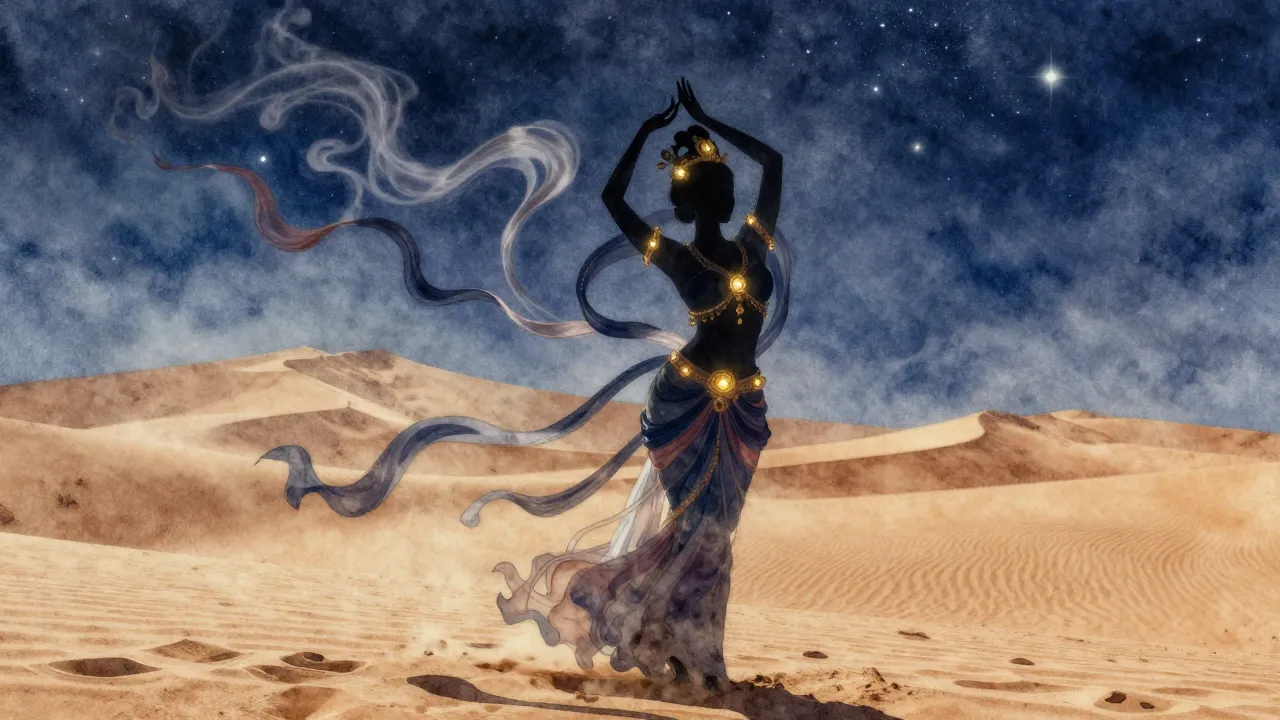 Watercolor style. Silhouette of a graceful woman in a desert...