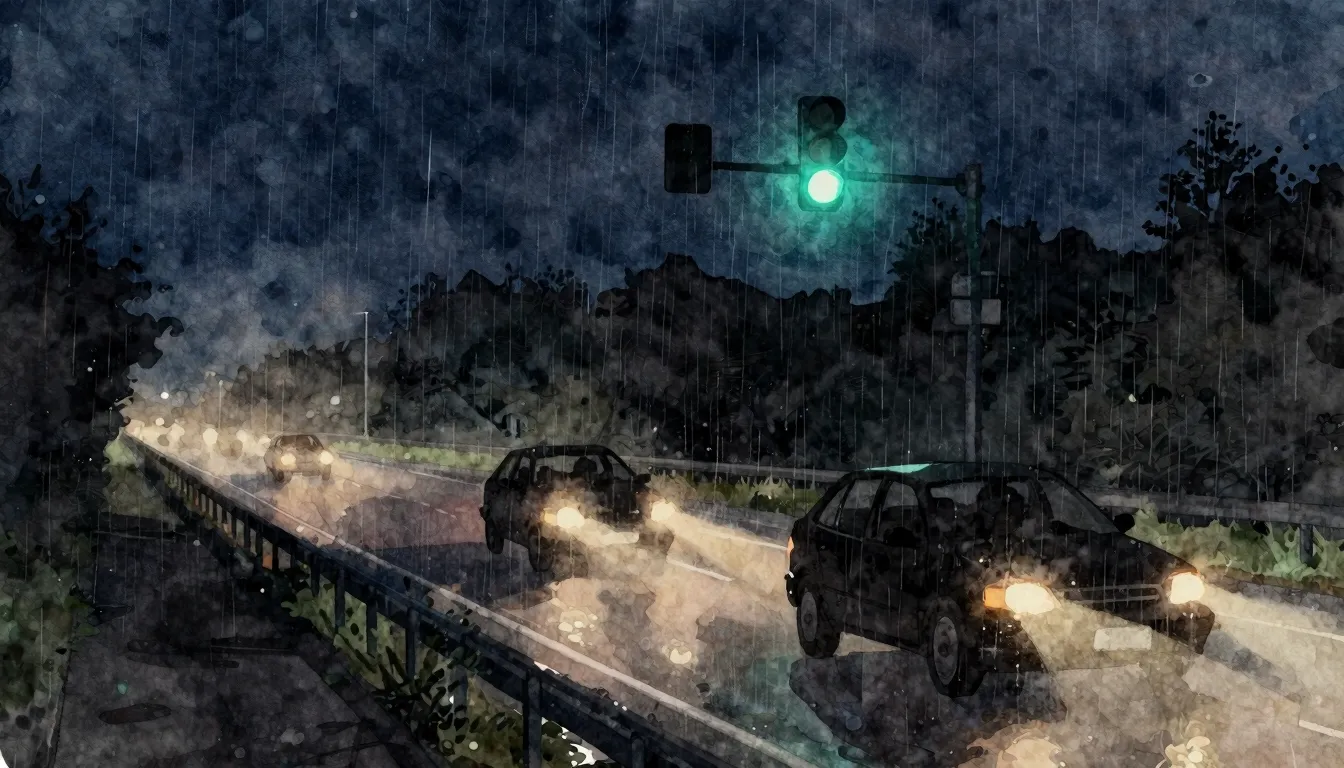Watercolor style. A dark night highway illuminated by car he...