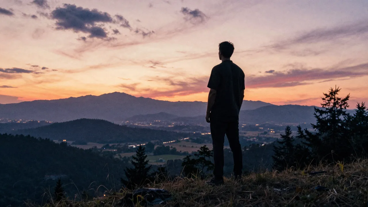 Watercolor style. Silhouette of a man standing on a hill loo...