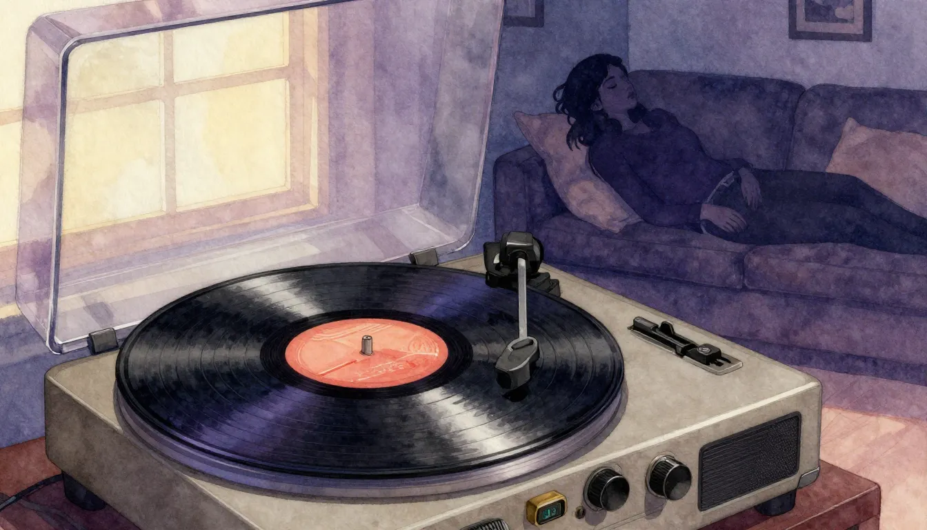 Watercolor style. A retro vinyl record player spinning in a ...
