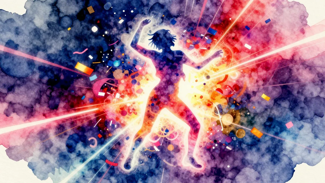 Vibrant watercolor style. A vibrant, abstract dance music co...