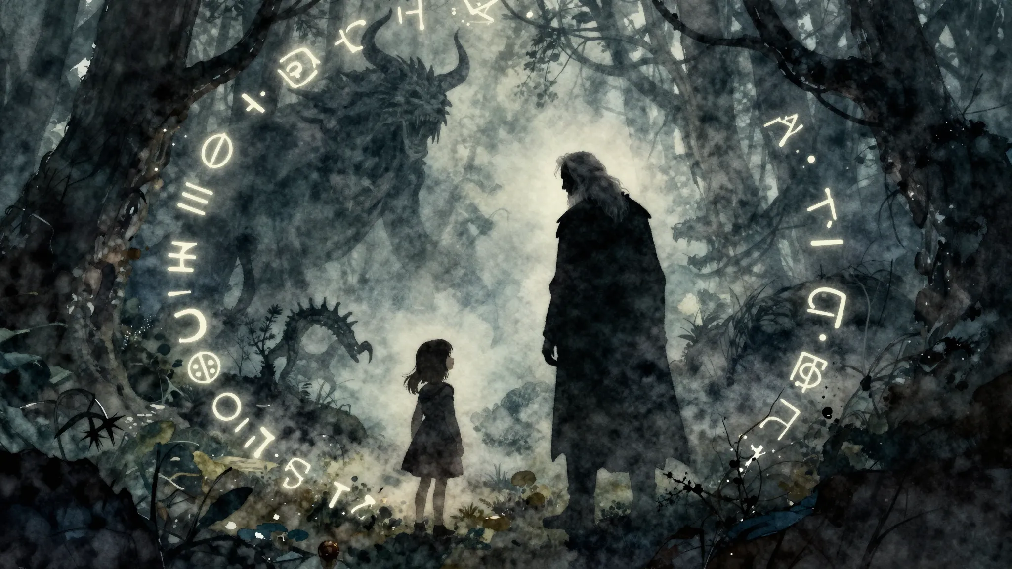 Watercolor style. A silhouette of an old man and a young gir...