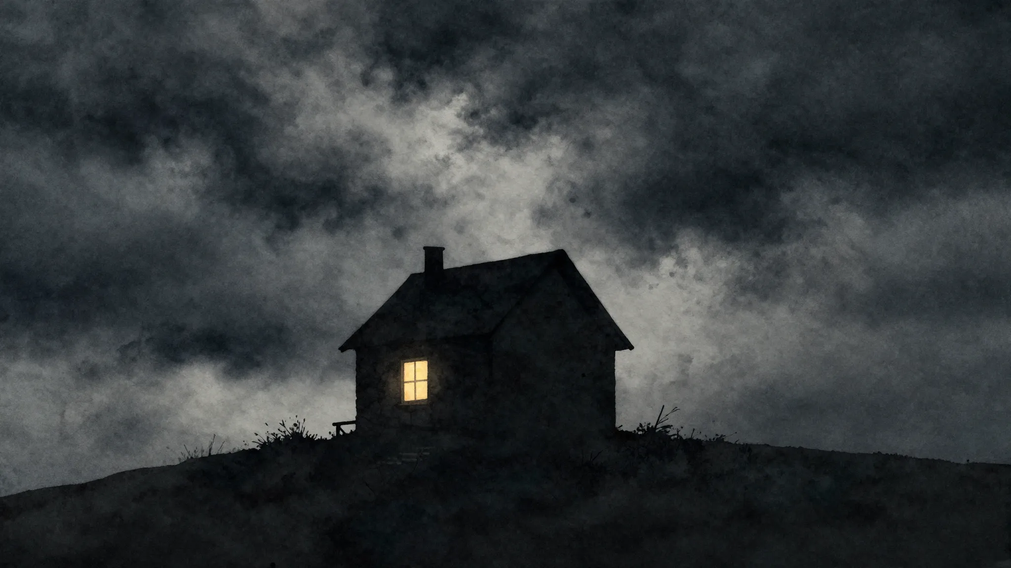 Watercolor style. Dark silhouette of a lonely house on a hil...