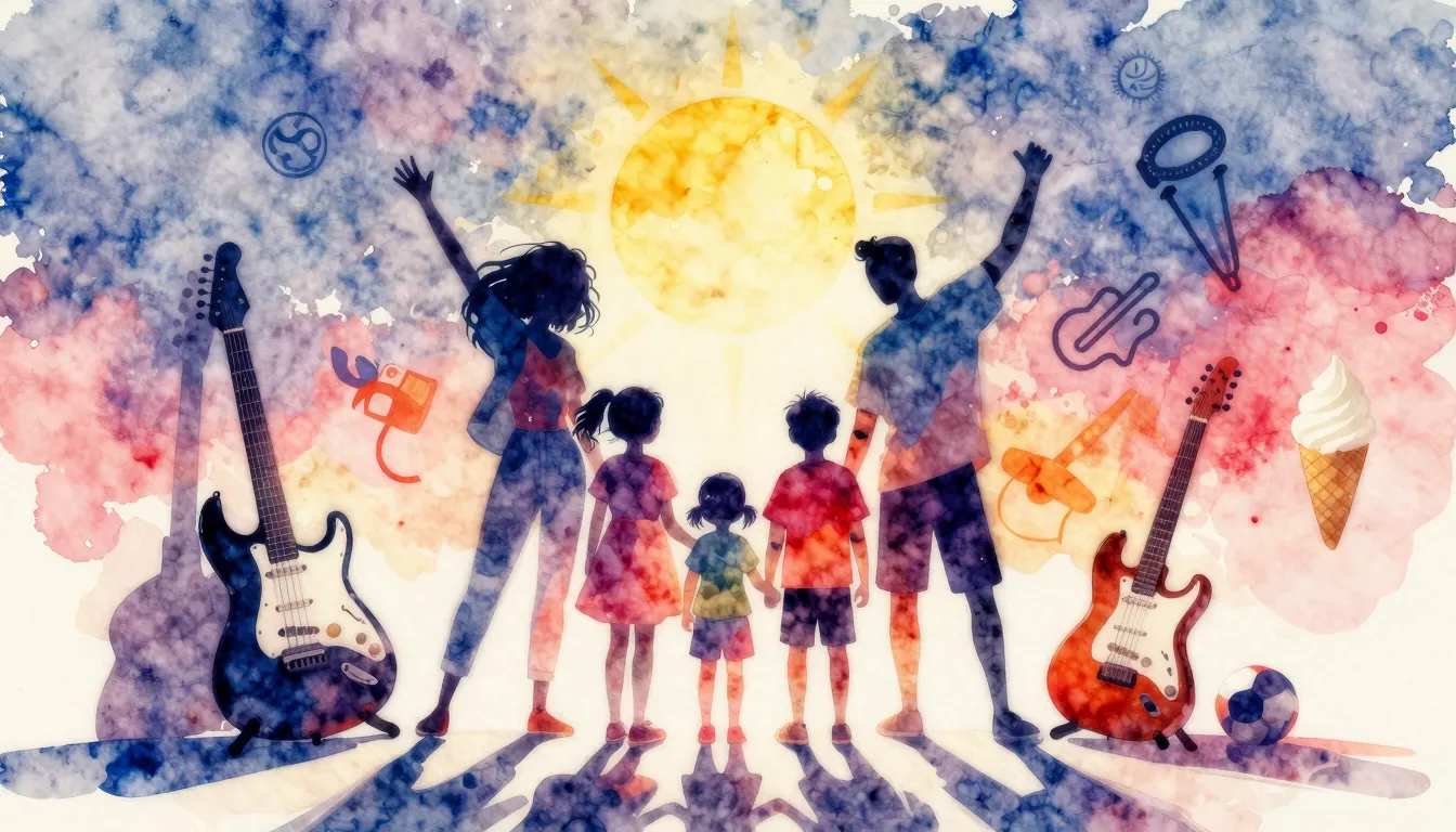 Vibrant watercolor style. Rock music album cover, a silhouet...