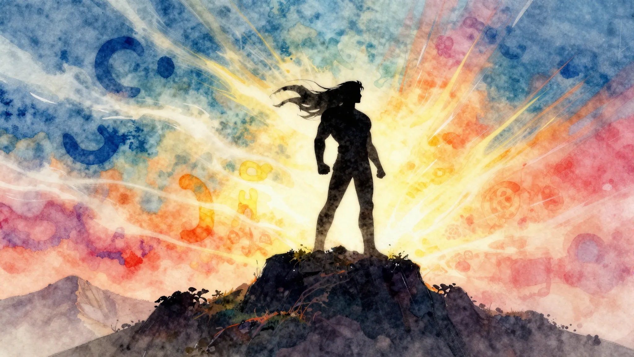 Vibrant watercolor style. A silhouette of a confident hero s...