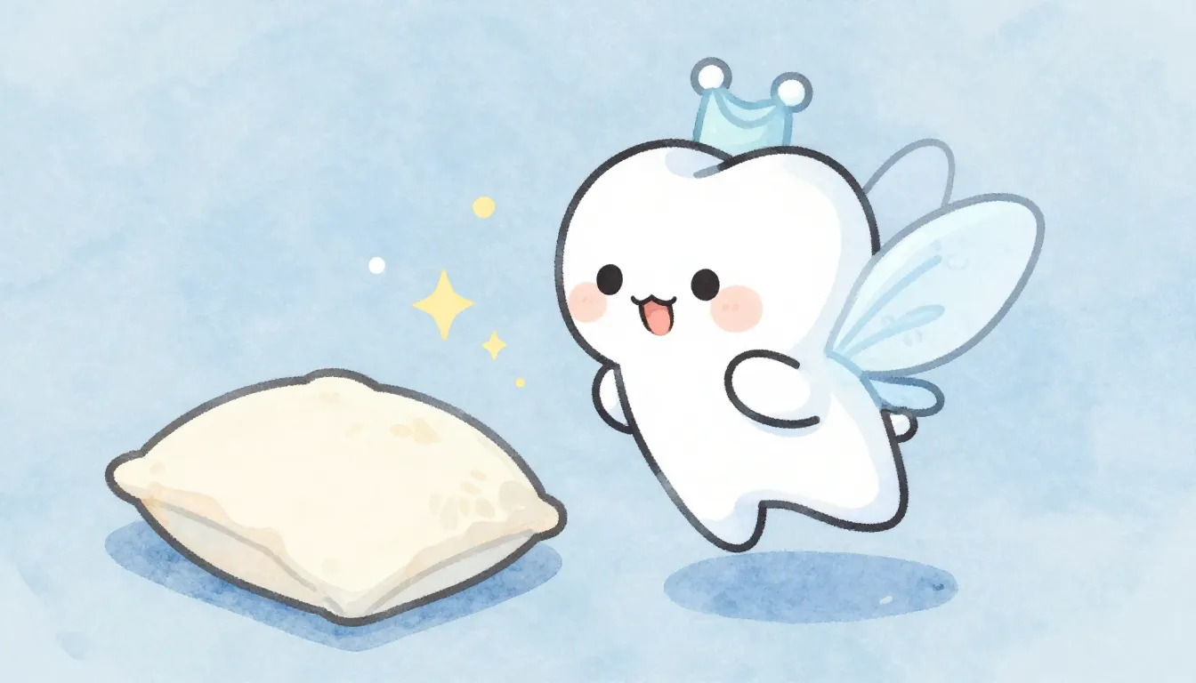 Watercolor style. A cute cartoon tooth fairy flying near a p...