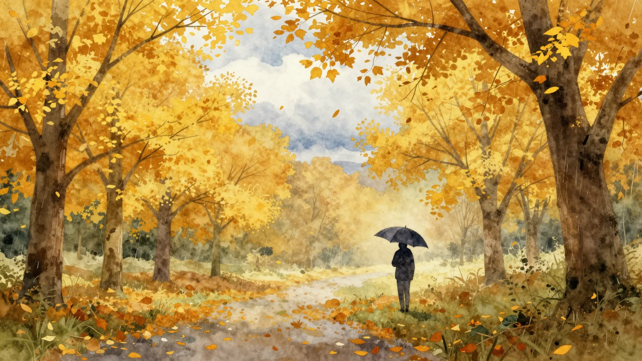 Watercolor style. Autumn landscape with golden leaves fallin...