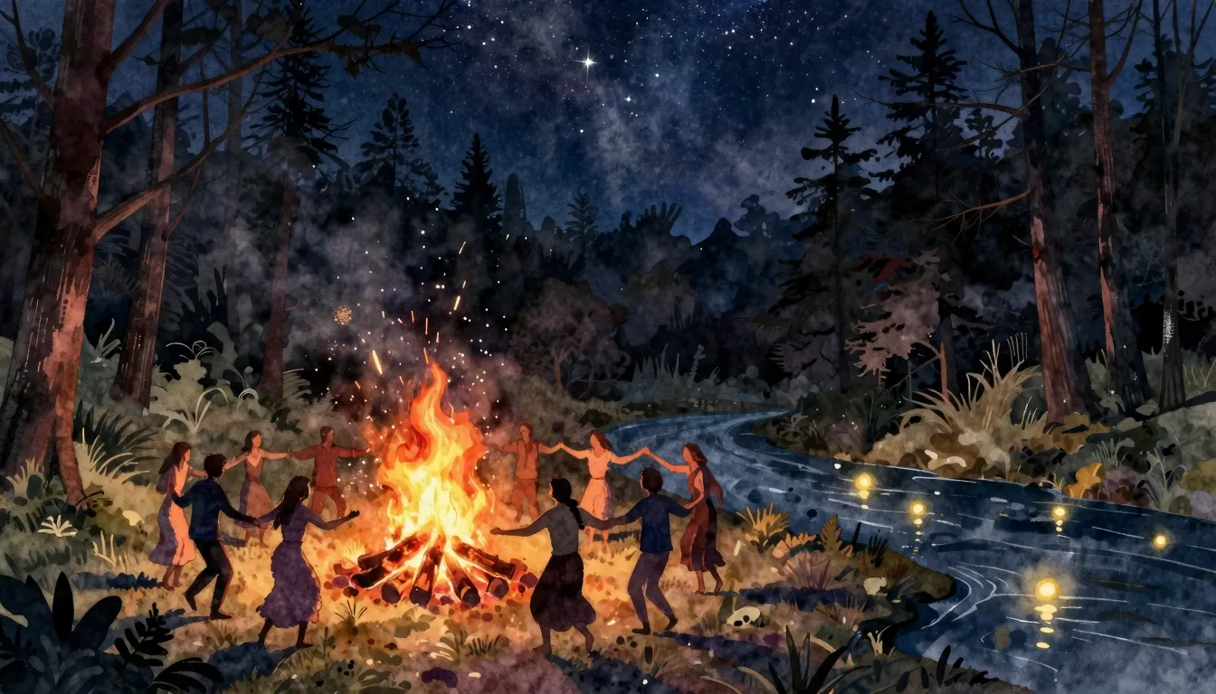 Watercolor style. A dark forest at night with a glowing bonf...