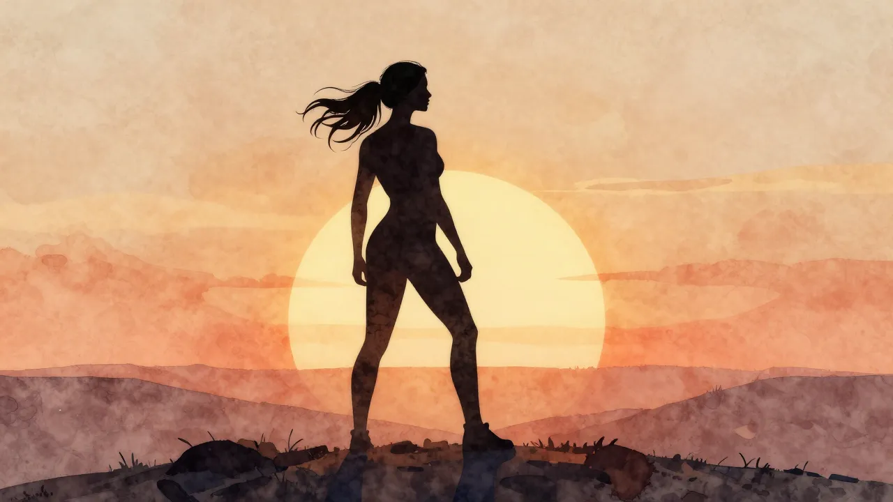Watercolor style. A silhouette of a strong woman standing pr...