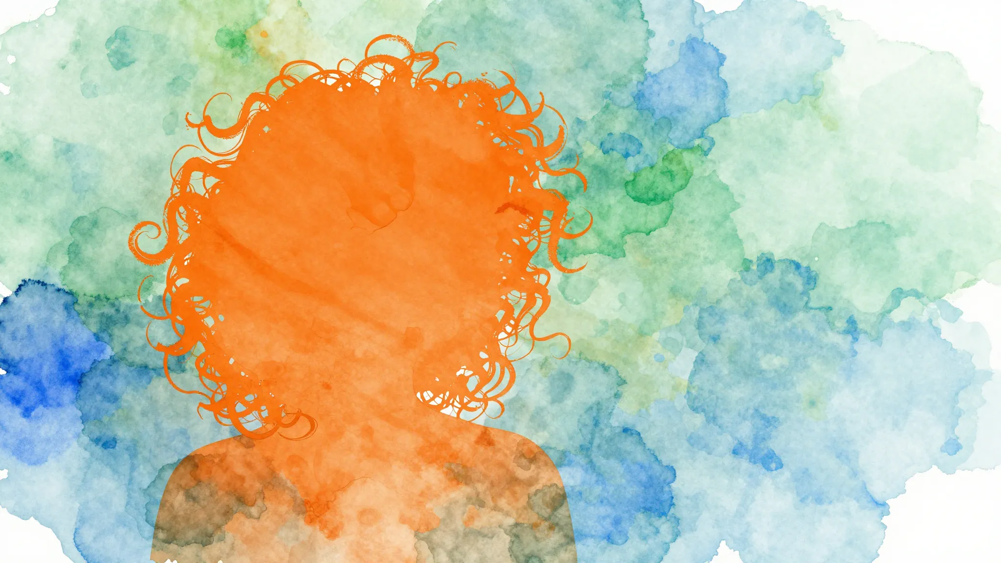 Watercolor style. A bright orange curly hair silhouette agai...