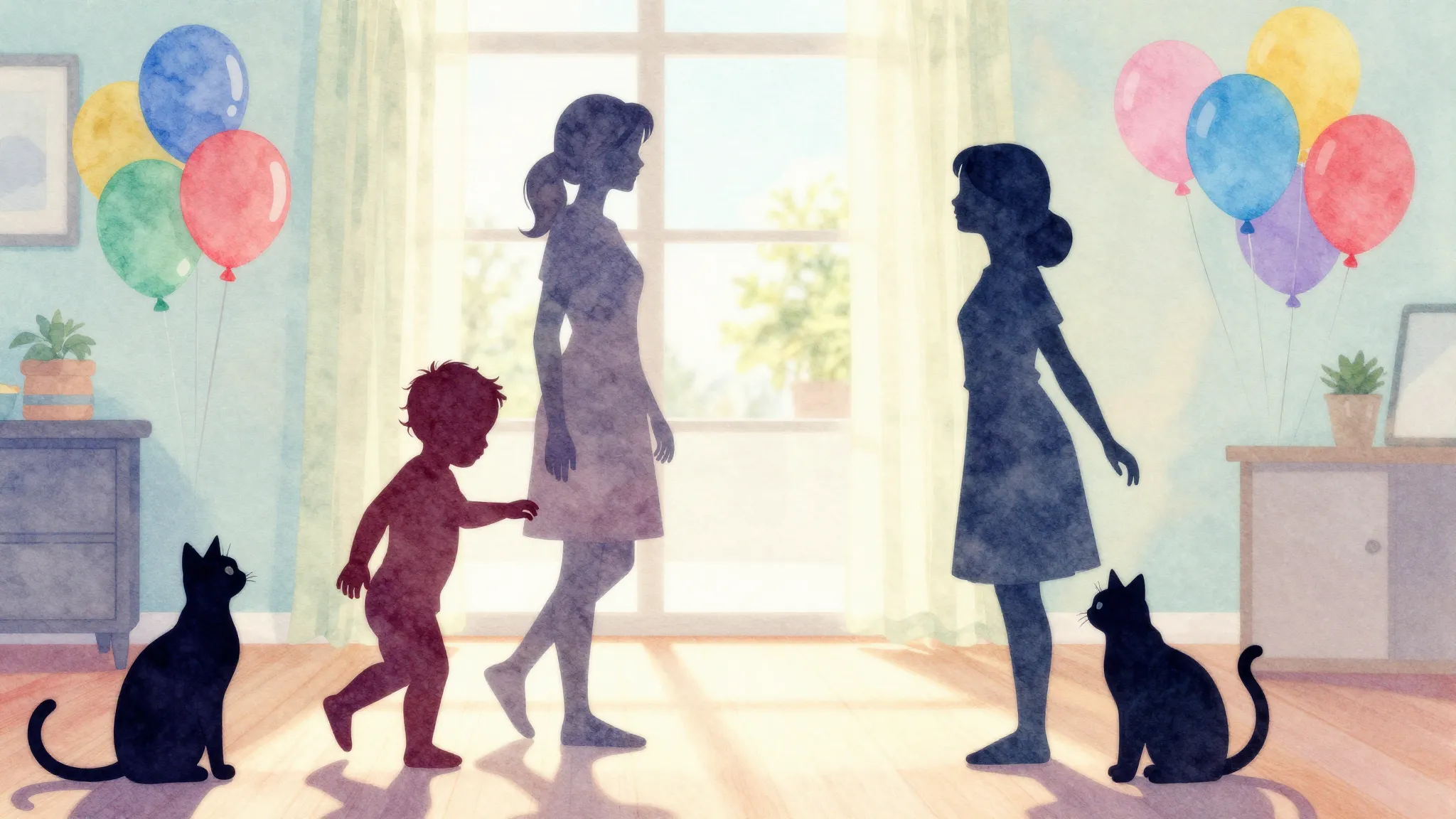 Watercolor style. A bright sunny room with a silhouette of a...