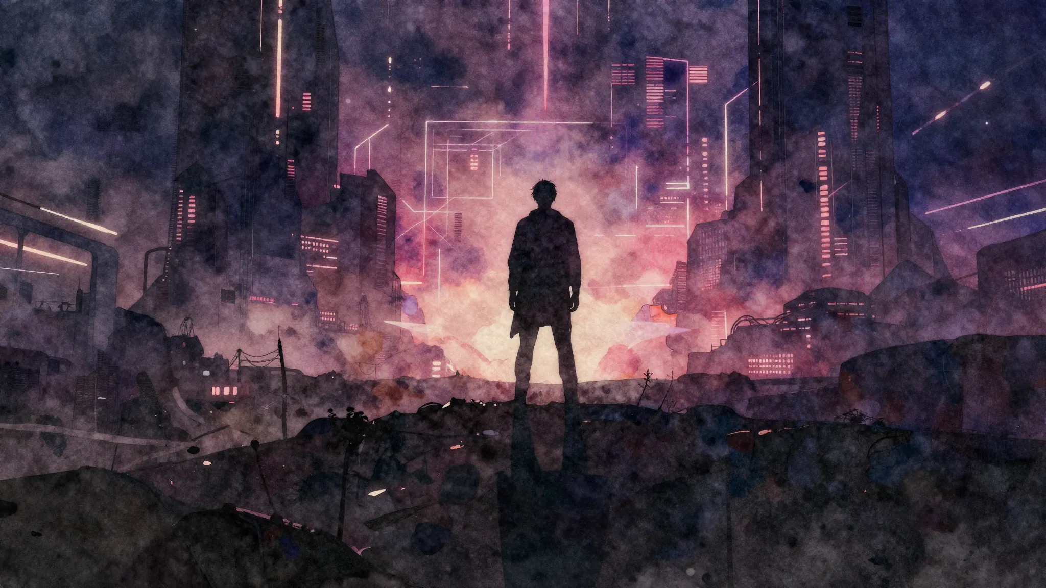 Vibrant watercolor style. Dark cinematic rap album cover, ab...