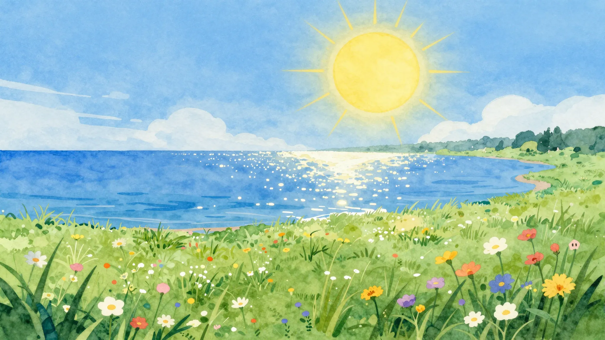 Vibrant watercolor style. A vibrant summer landscape featuri...