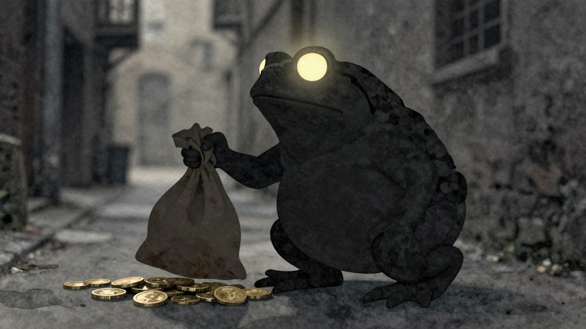 Watercolor style. Silhouette of a toad-like figure with a gl...