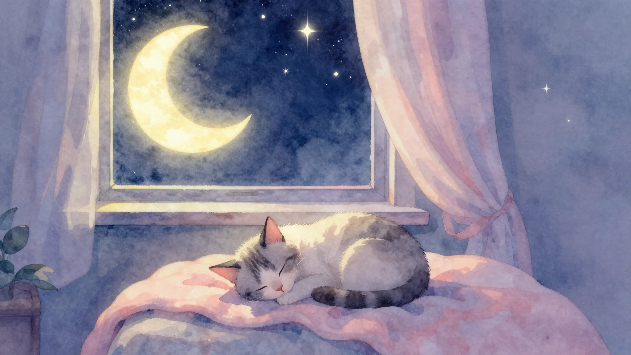 Vibrant watercolor style. A cozy nursery room at night, a so...