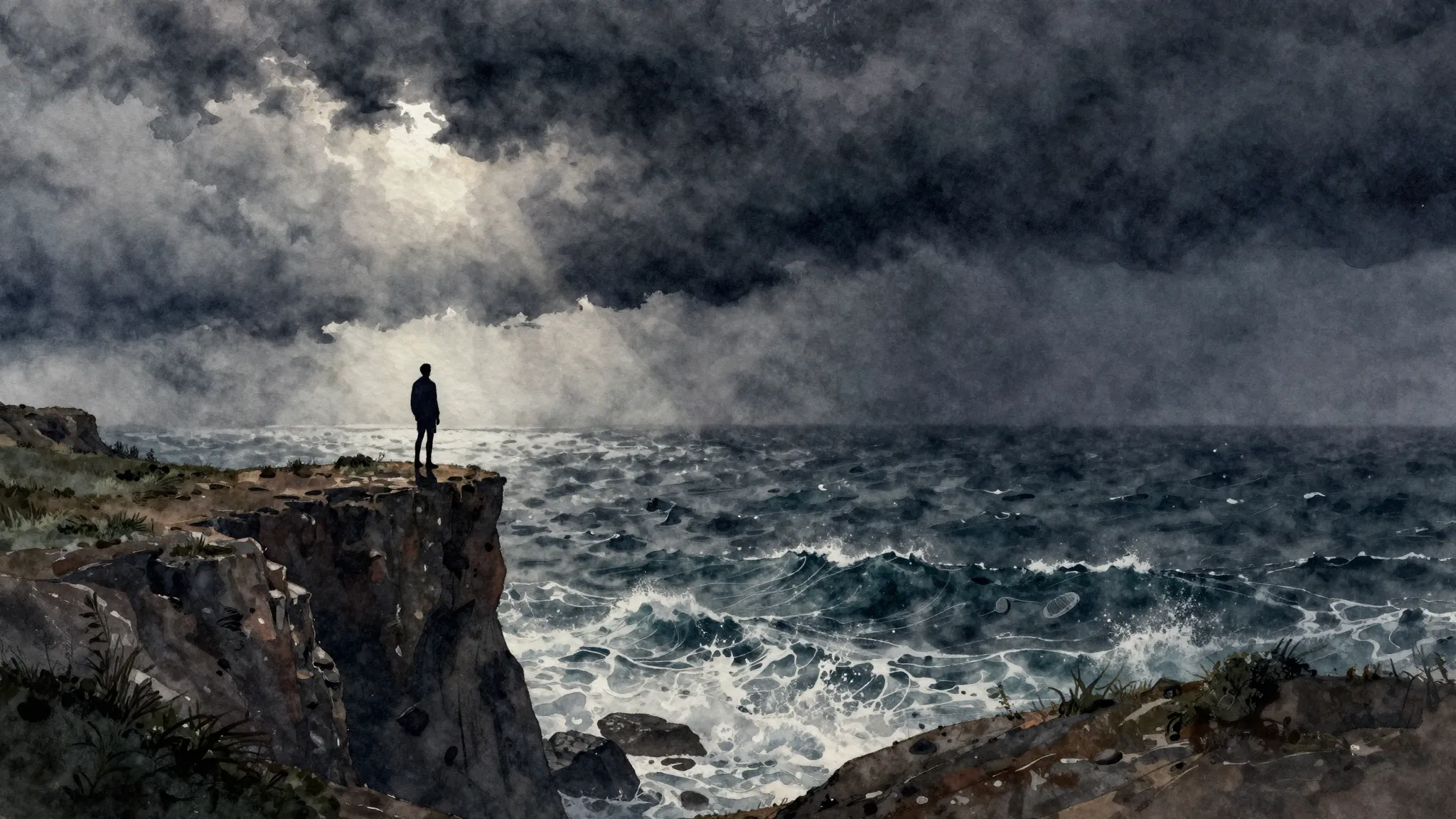 Watercolor style. A dark, stormy landscape with a solitary s...