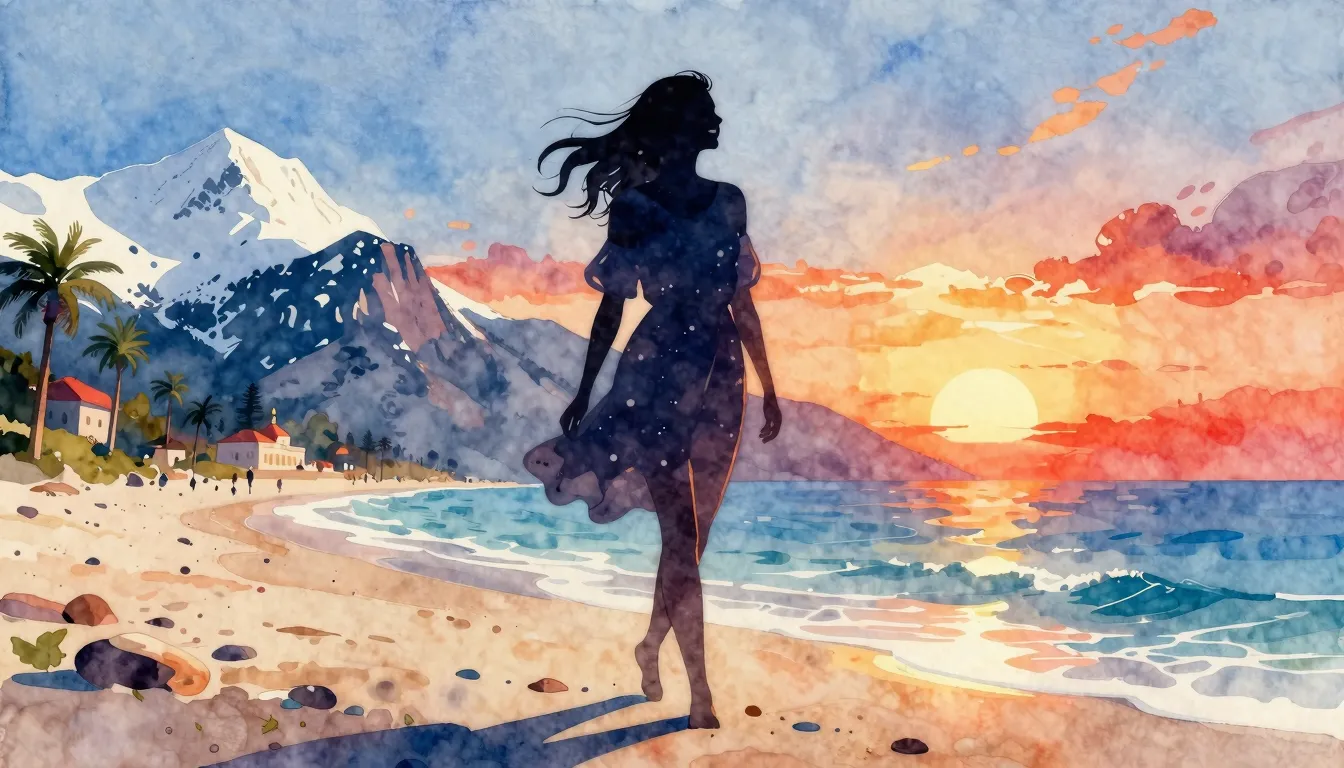 Vibrant watercolor style. A silhouette of a happy woman stan...