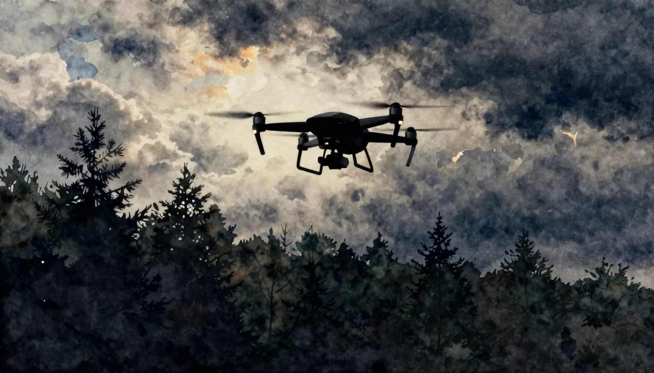 Watercolor style. A silhouette of a drone flying in the sky ...