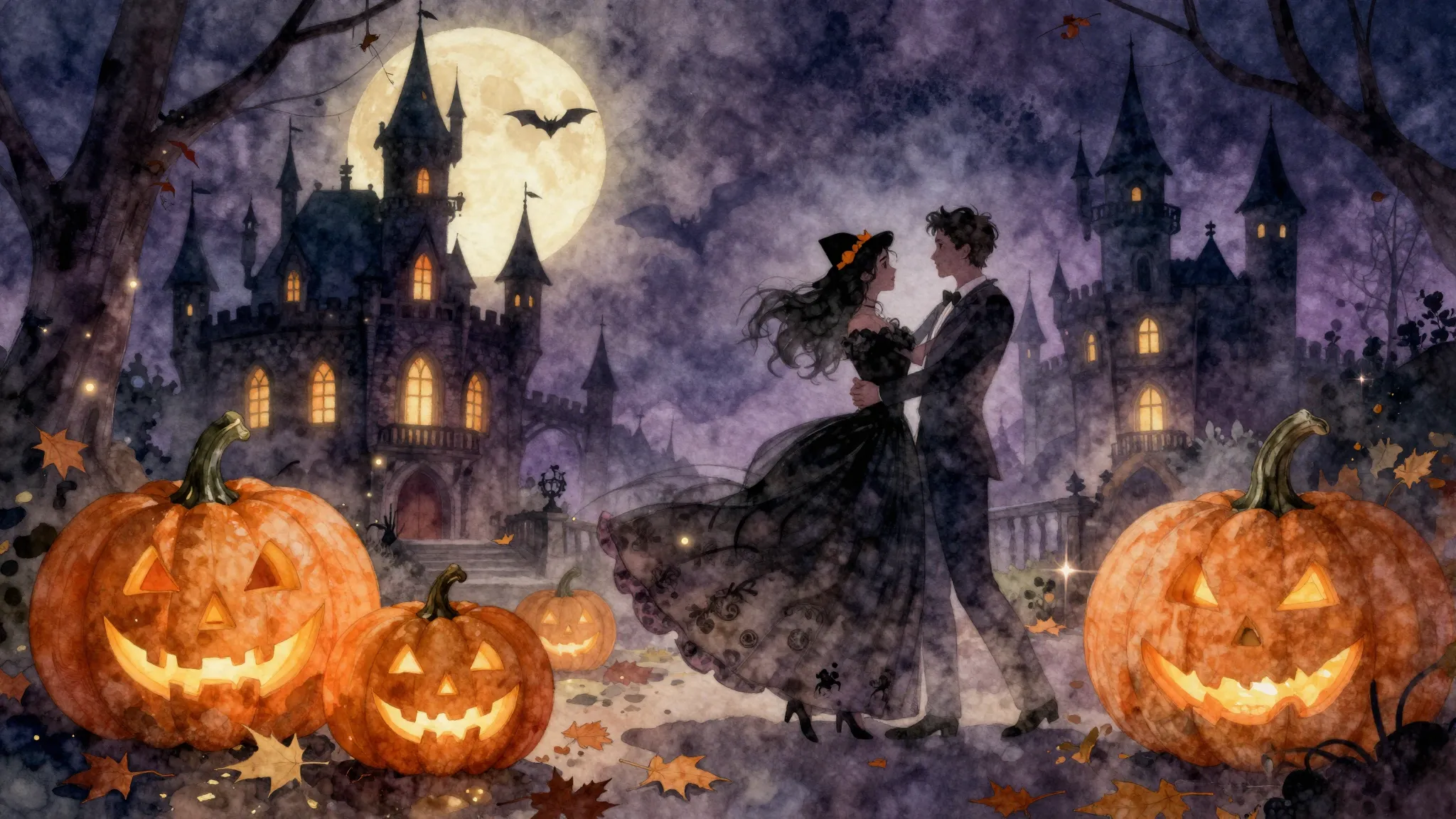 Watercolor style. Halloween ball in an old castle, glowing p...