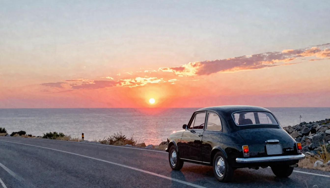 Vibrant watercolor style. A vintage black car driving along ...