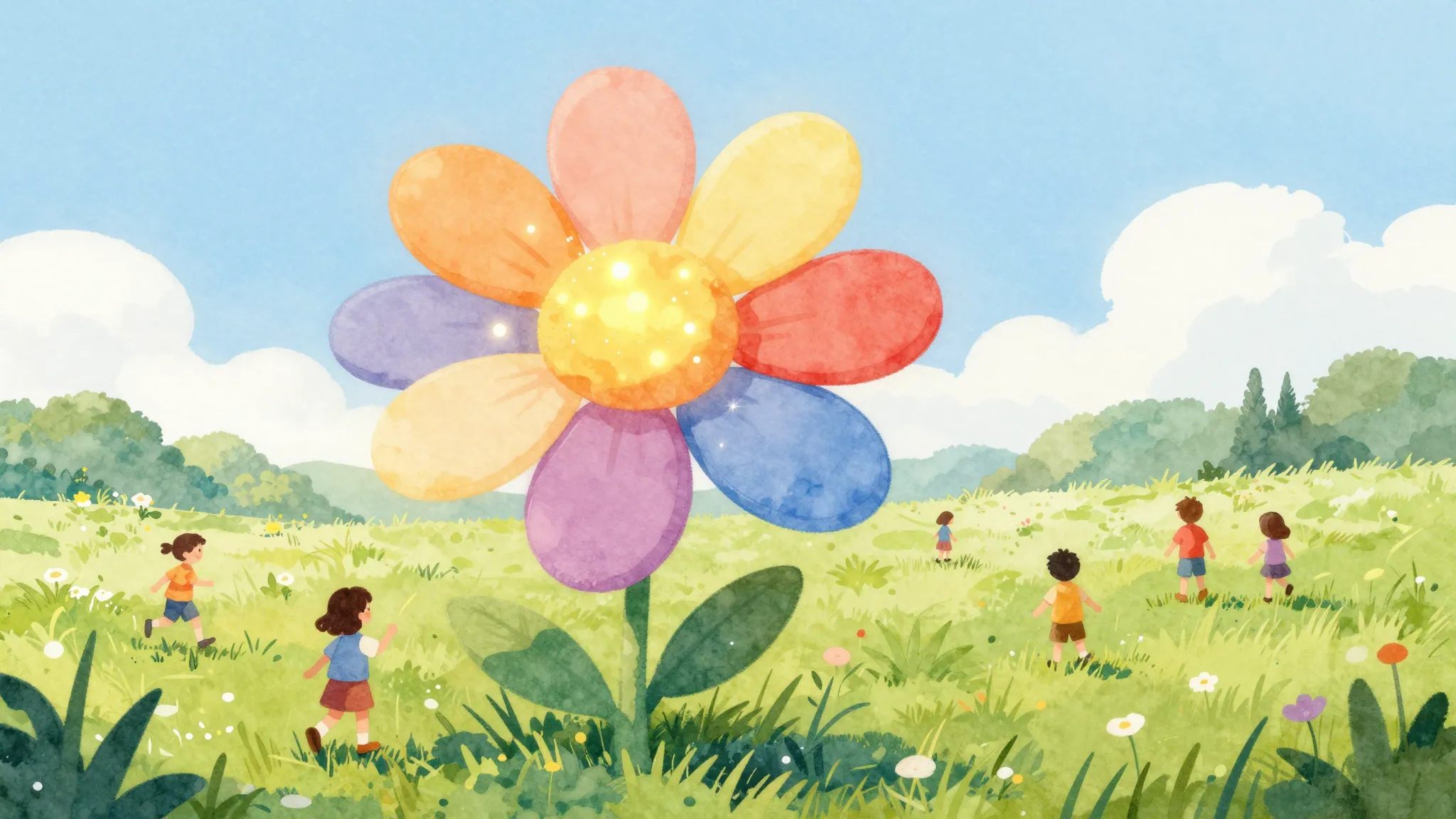 Watercolor style. A magical flower with 7 colorful petals gl...