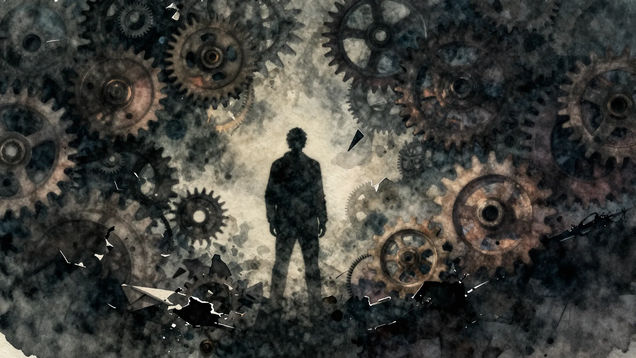 Vibrant watercolor style. Dark abstract aesthetic, a silhoue...