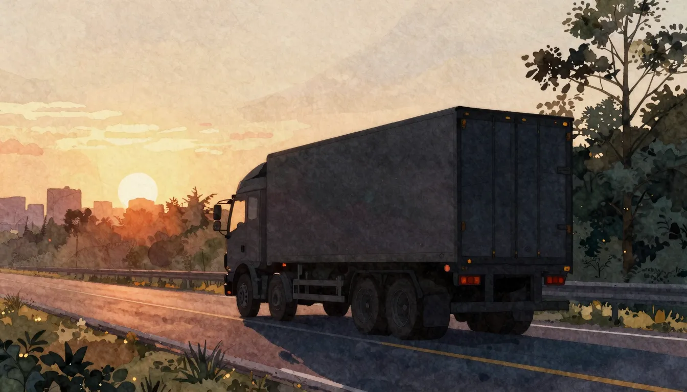 Watercolor style. Silhouette of a truck driving on a road at...