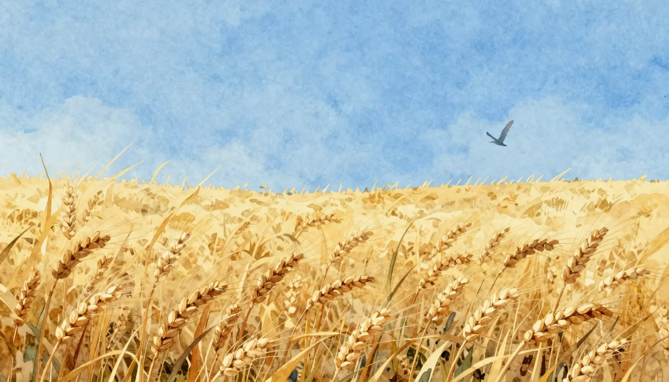 Watercolor style. A vast golden wheat field swaying under a ...