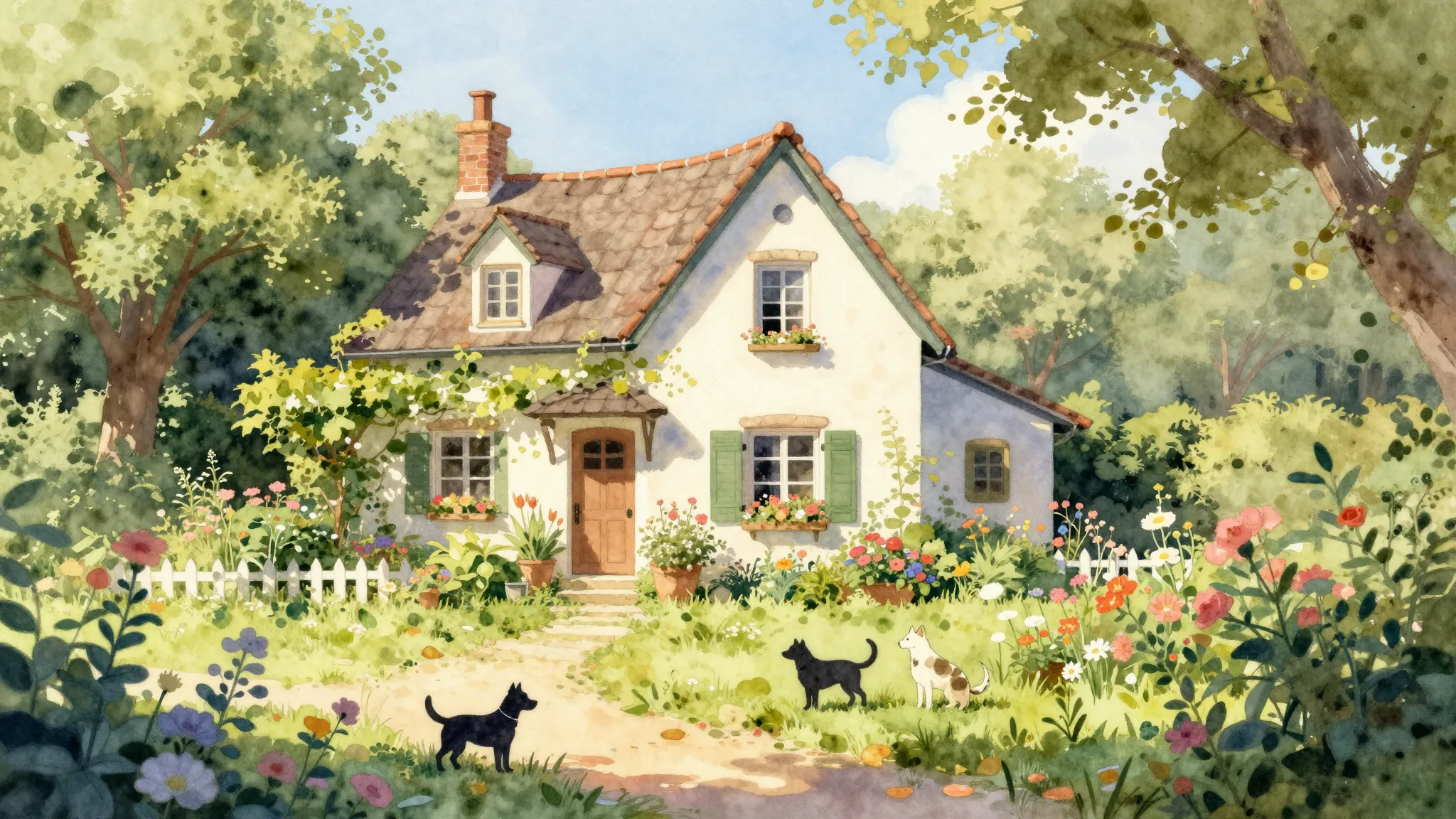 Watercolor style. A cozy countryside house in summer, surrou...