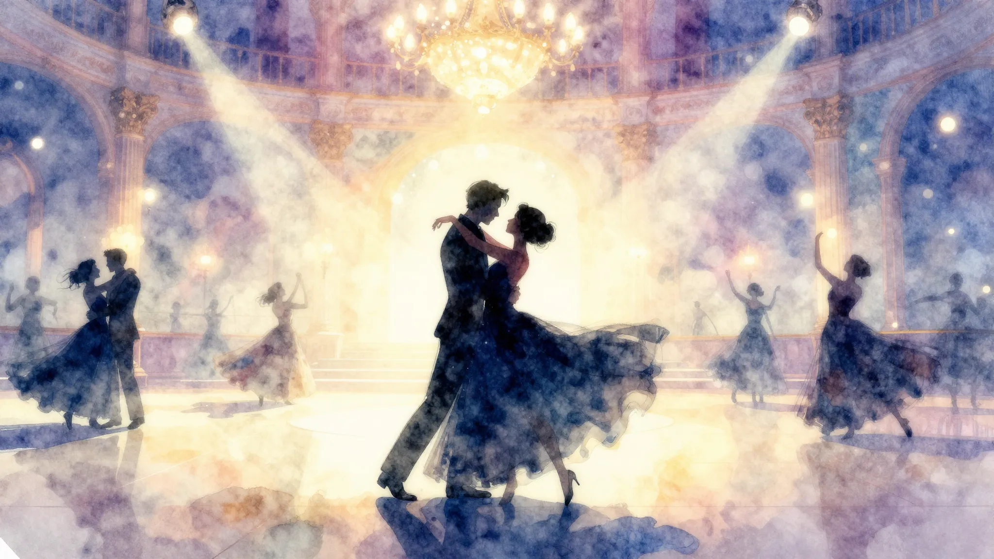 Watercolor style. Silhouettes of a dancing couple in a grand...