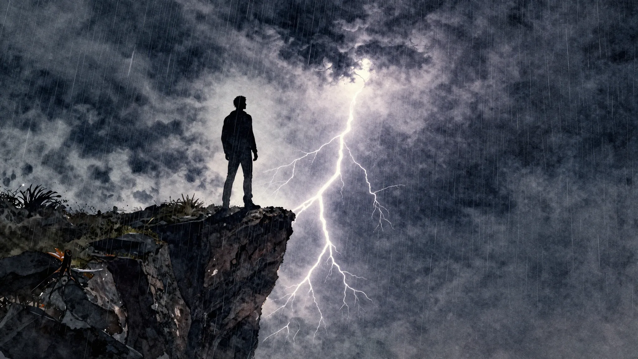 Watercolor style. Dark silhouette of a man standing on a cli...