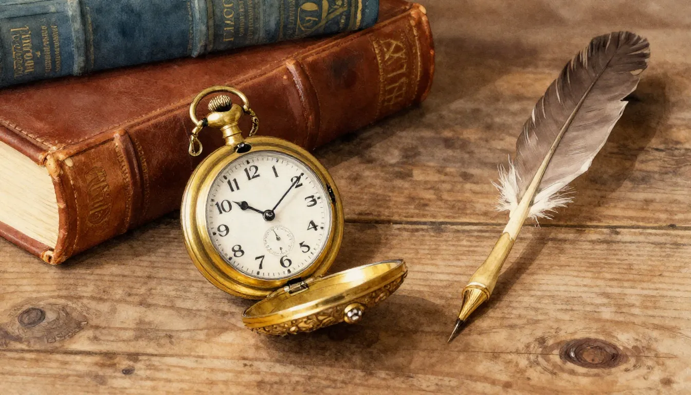 Watercolor style. A golden pocket watch resting on an old oa...