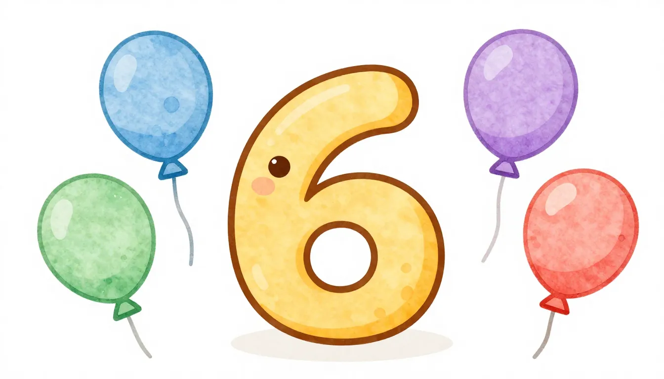 Watercolor style. A cute cartoon number 6 with a smiling fac...