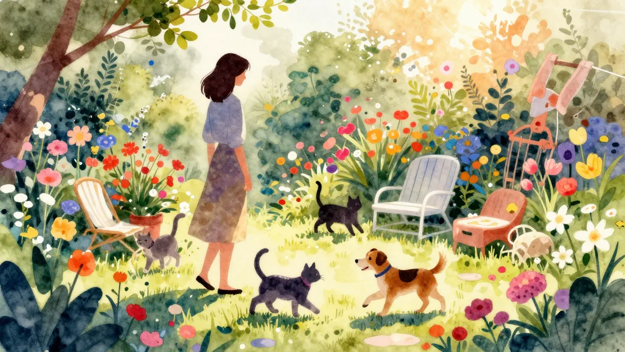 Vibrant watercolor style. A cozy, vibrant garden scene in su...