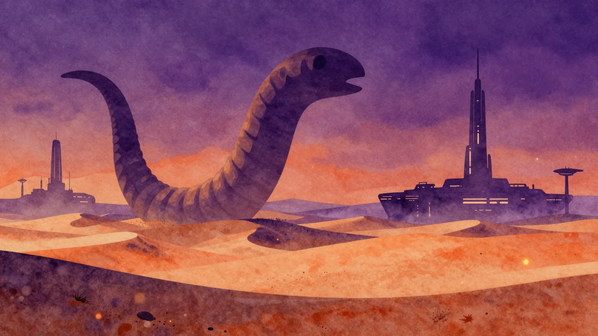 Vibrant watercolor style. Cyberpunk desert landscape, giant ...