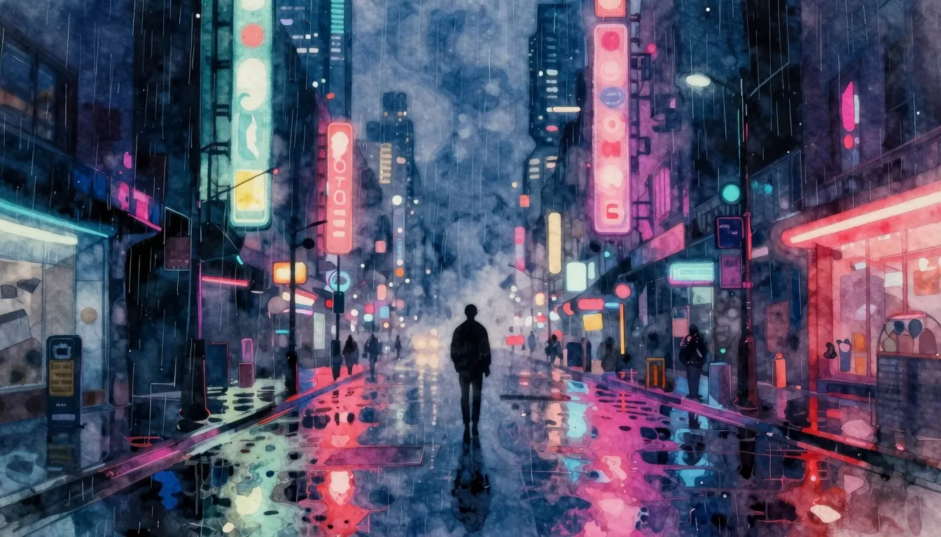 Vibrant watercolor style. Cyberpunk city street at night, ra...